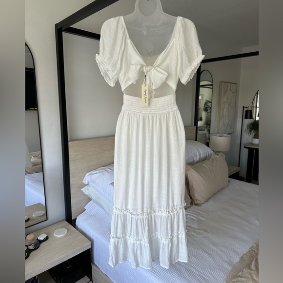 Speed Limit Flowy Boho Fairycore Cottagecore White Tie-Back Maxi Dress, Large - Picture 4 of 11